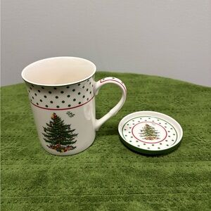 Spode Christmas Tree Mug with Lid/Coaster- Green and Red